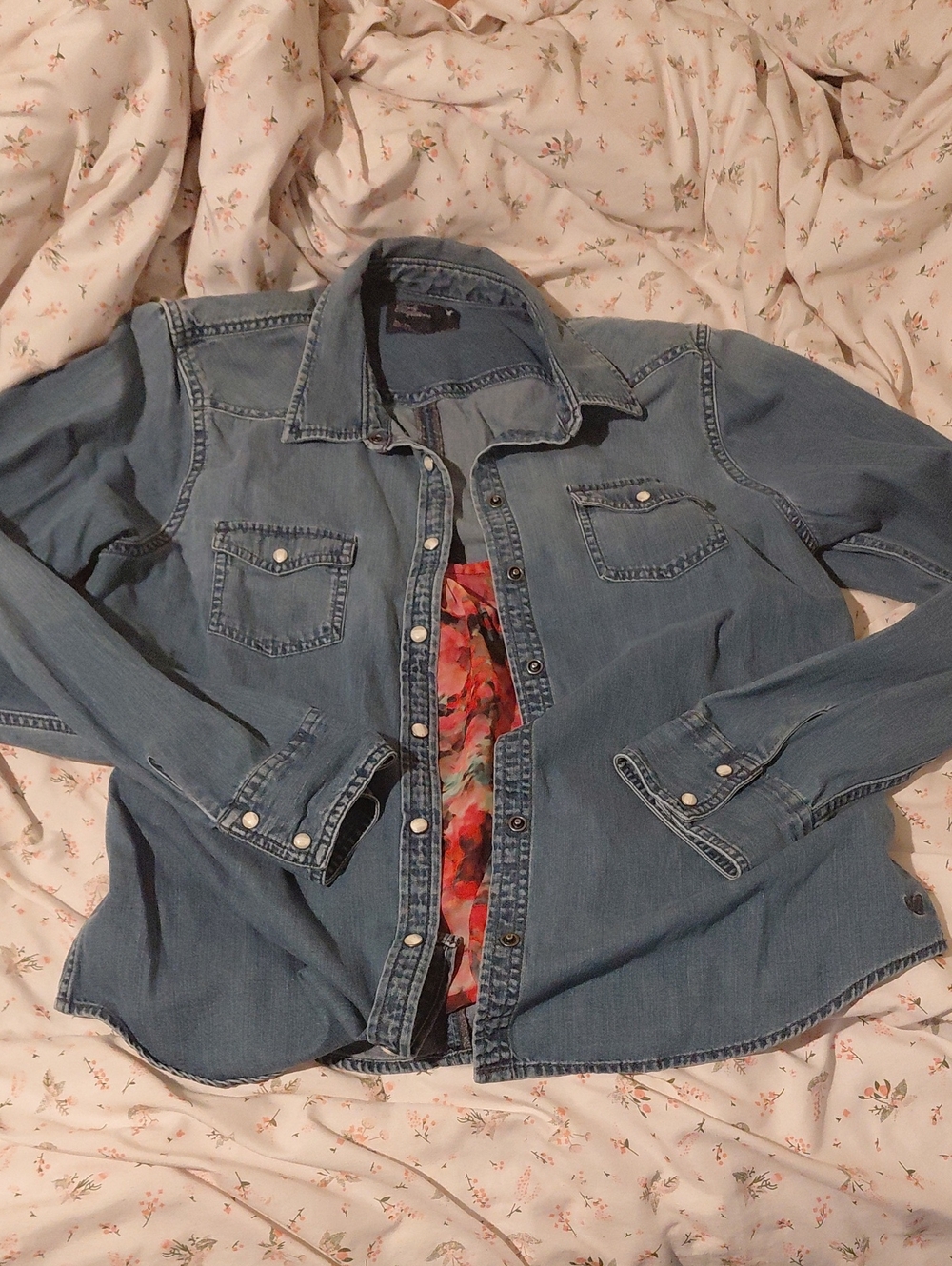 American Eagle Outfitters Floral Halter Camisole with Blue Denim Shirt